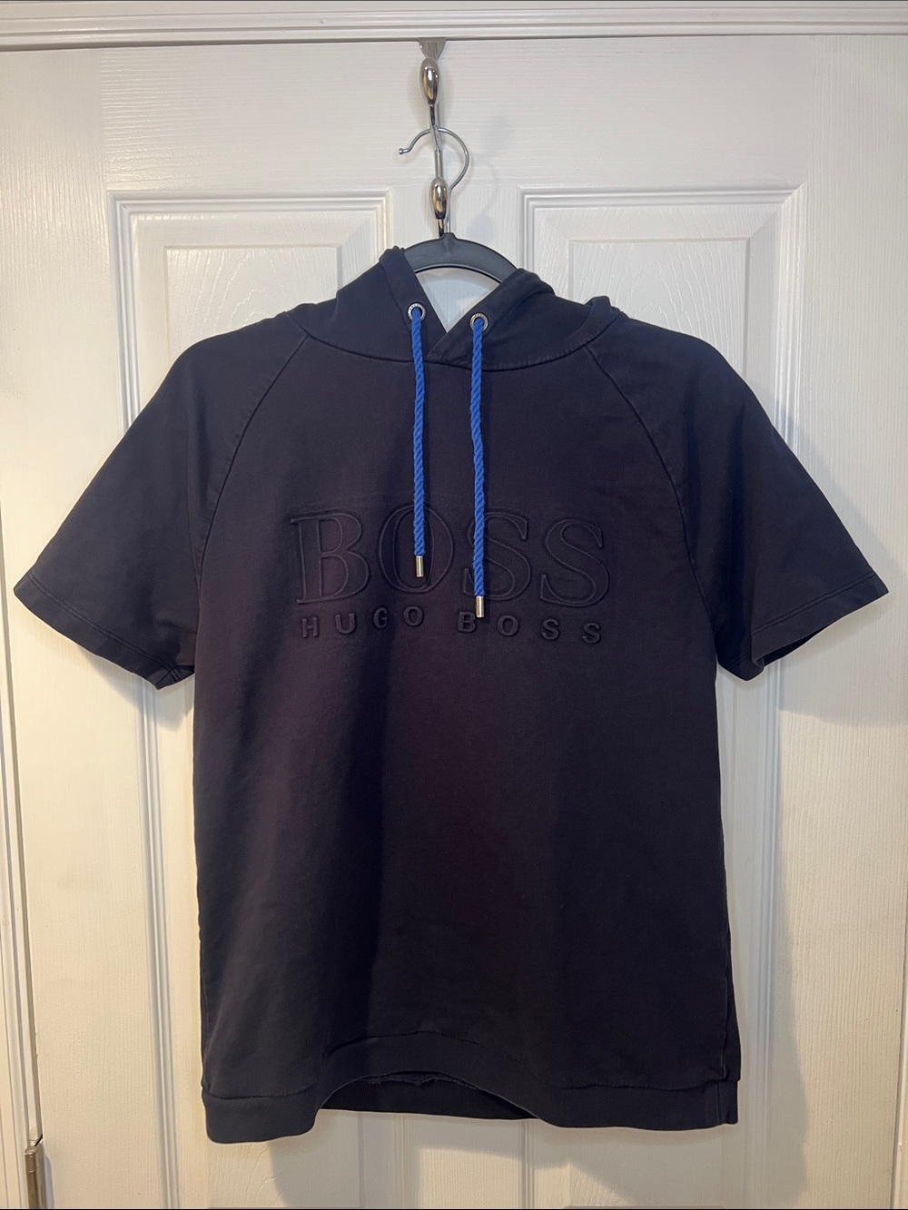 Hugo Boss Navy Blue Short-Sleeve Hoodie with Blue Drawstrings